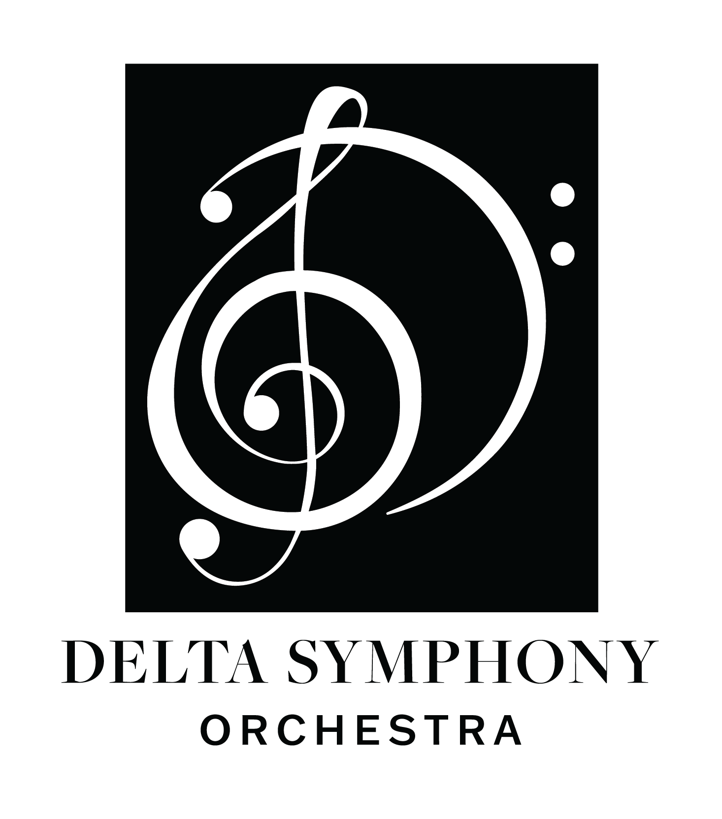 Delta Symphony Orchestra black and white logo showing black rectangle with combined treble and bass clef symbols to create DS for Delta Symphony in white, black text underneath saying Delta Symphony Orchestra