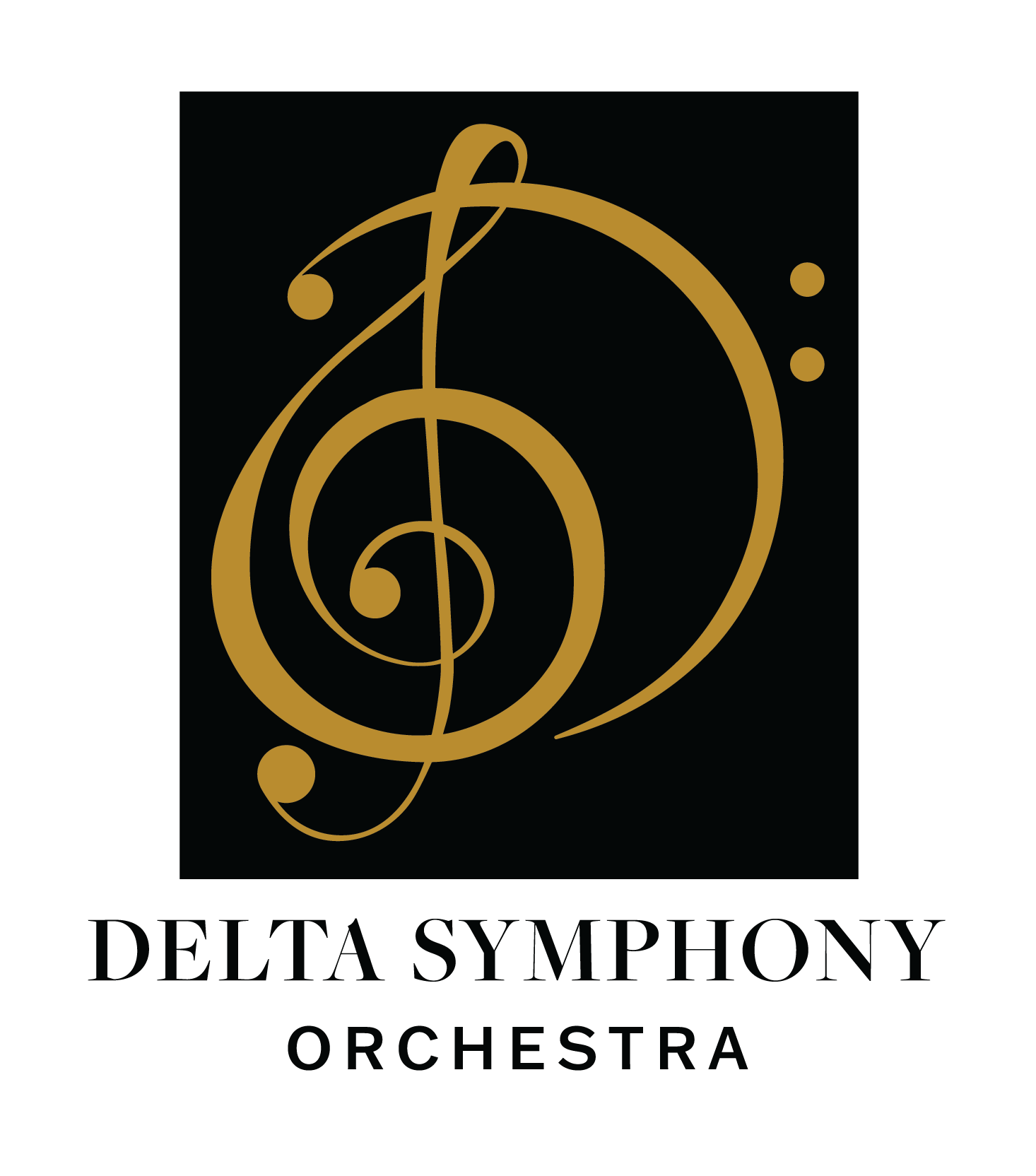 Delta Symphony Orchestra full color logo showing black rectangle with combined treble and bass clef symbols to create DS for Delta Symphony in gold, black text underneath saying Delta Symphony Orchestra