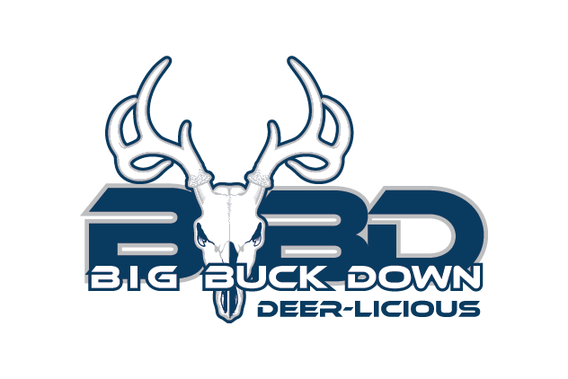 logo with big letters 'BBD' in blue and the name 'big buck down' in smaller letters with a deer skull in the background