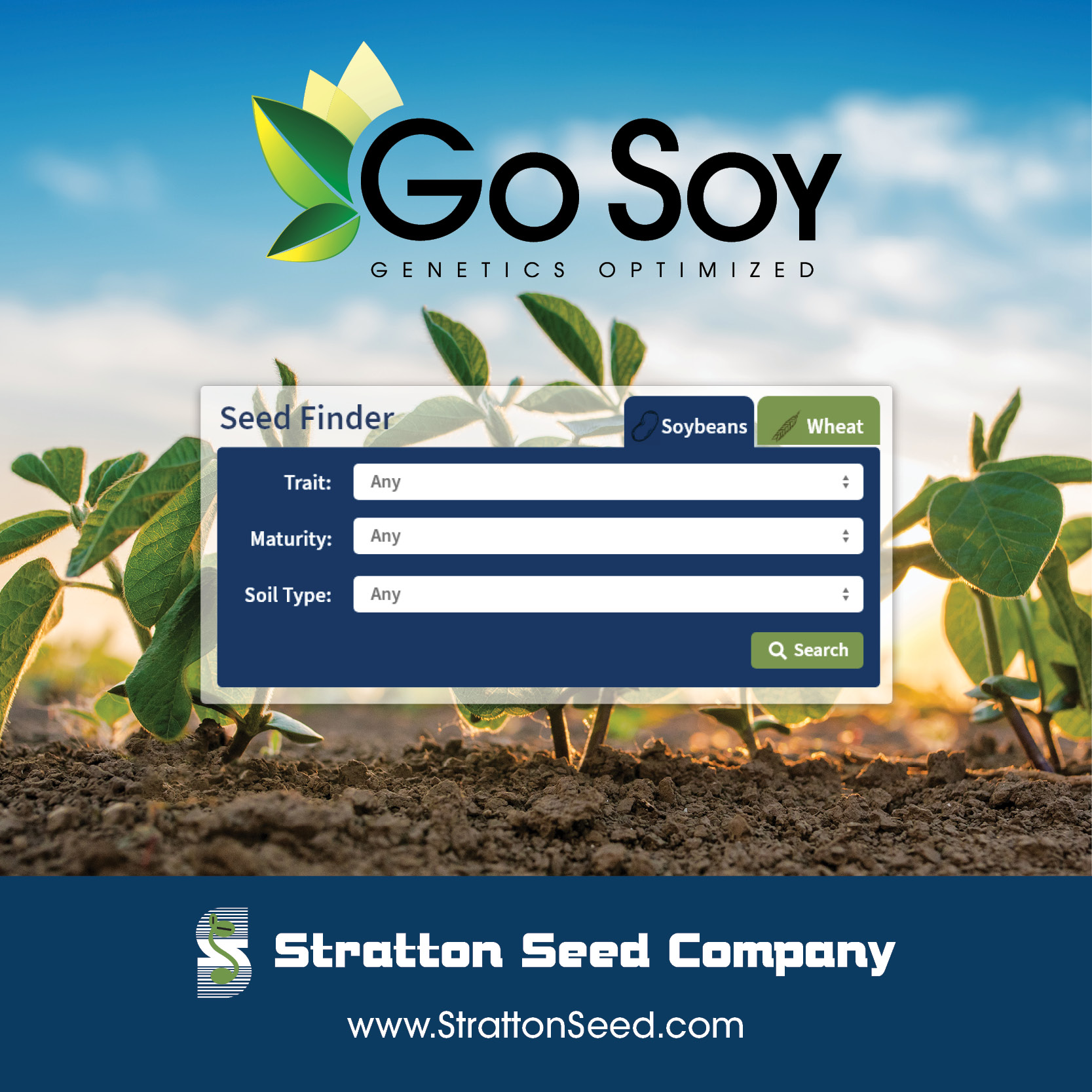 GoSoy social media post highlighting Stratton's online seed finder