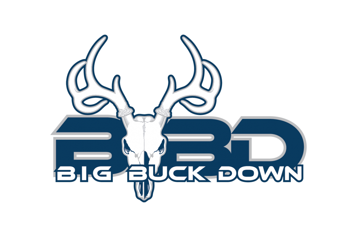 logo with big letters 'BBD' in blue and the name 'big buck down' in smaller letters with a deer skull in the background 