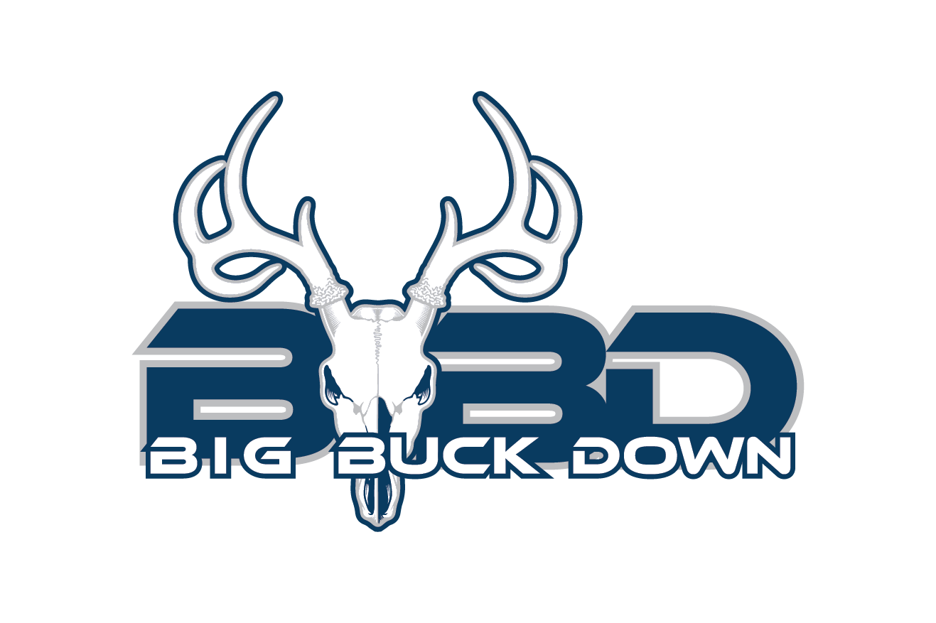 logo with big letters 'BBD' in blue and the name 'big buck down' in smaller letters with a deer skull in the background 