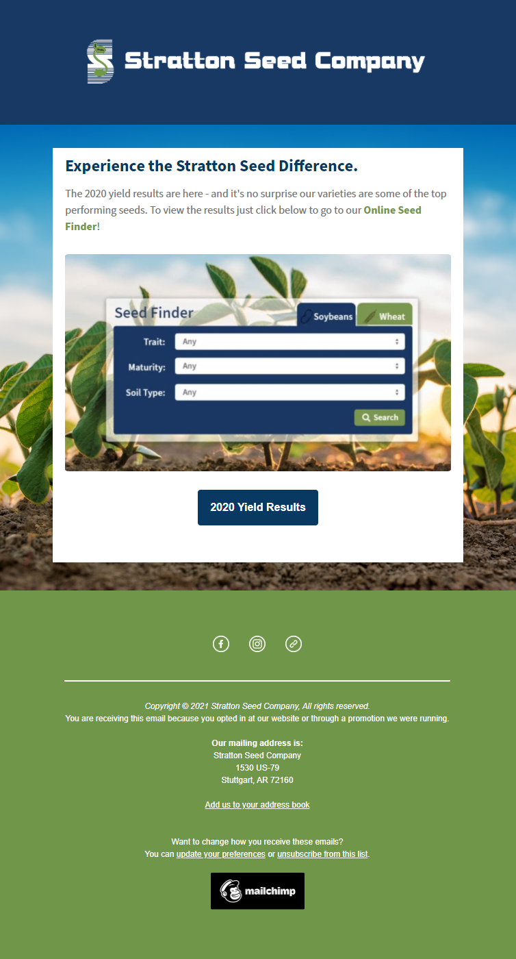 Generic Stratton Seed Company email about online Seed Finder