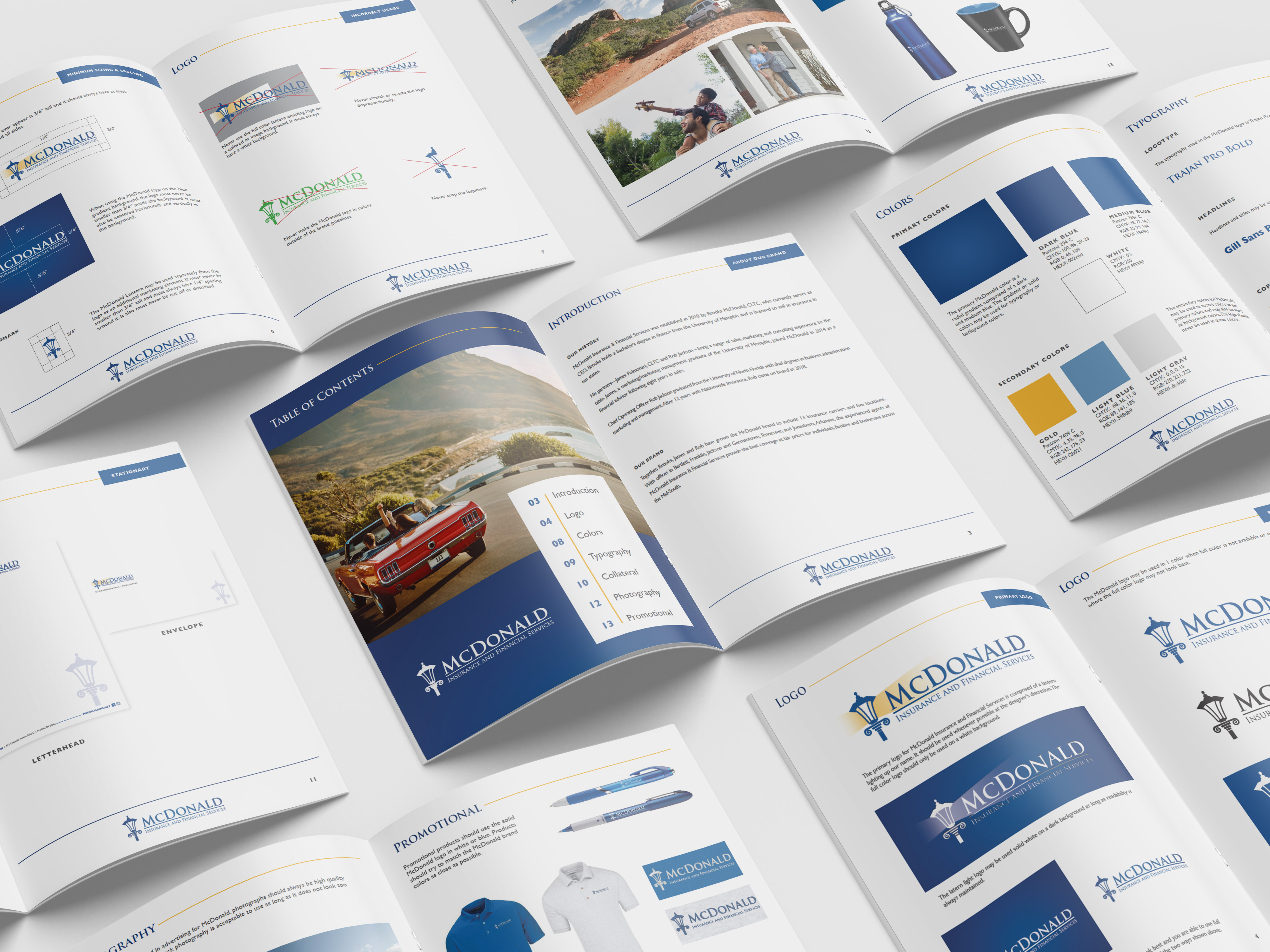 Collection of inside pages of brand guidelines for mcdonald insurance