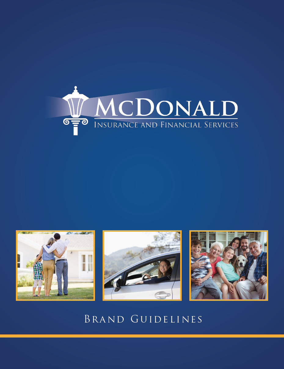 brand guidelines cover showing blue gradient background with three images focusing on life insurance, auto insurance and home insurance