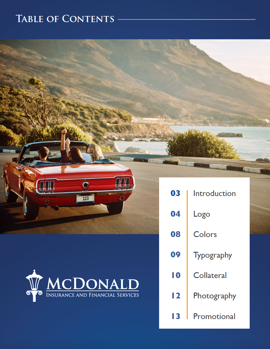 table of contents page showing a group of people in a convertible car driving past a beach and mountain having a good time
